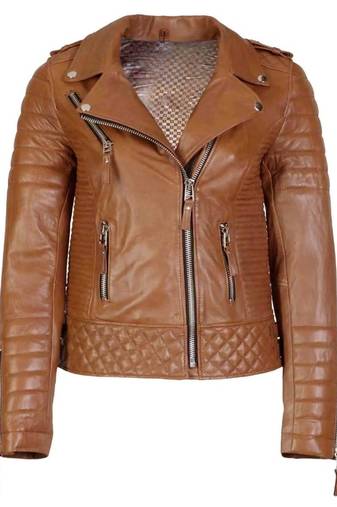 Women's tan brown lambskin leather moto biker jacket quilted zip