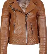 Women's tan brown lambskin leather moto biker jacket quilted zip
