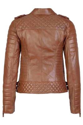Women's tan brown lambskin leather moto biker jacket quilted zip 2
