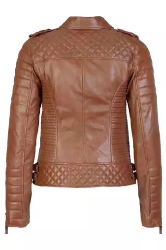 Women's tan brown lambskin leather moto biker jacket quilted zip