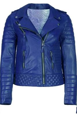 Women's royal blue genuine leather asymmetrical biker jacket 1
