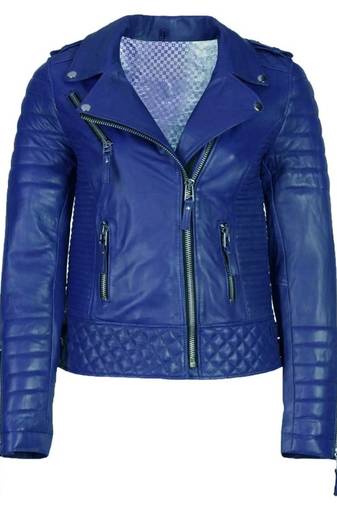 Women's royal blue genuine leather asymmetrical biker jacket