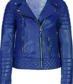 Women's royal blue genuine leather asymmetrical biker jacket