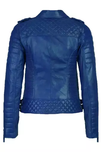 Women's royal blue genuine leather asymmetrical biker jacket