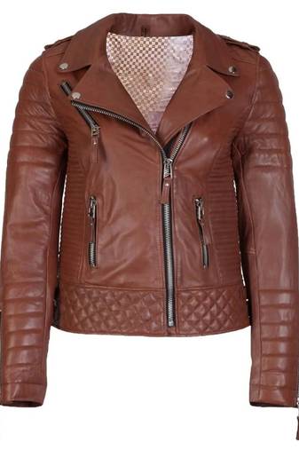 Women's cognac brown leather moto biker jacket quilted style