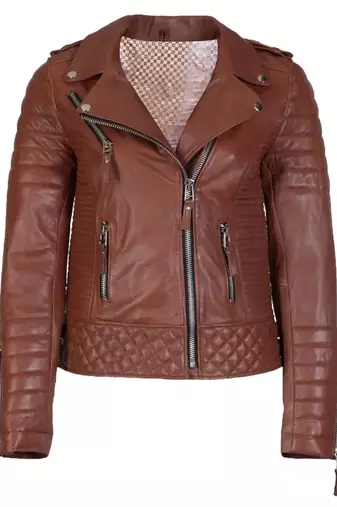 Women's cognac brown leather moto biker jacket quilted style