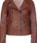 Women's cognac brown leather moto biker jacket quilted style