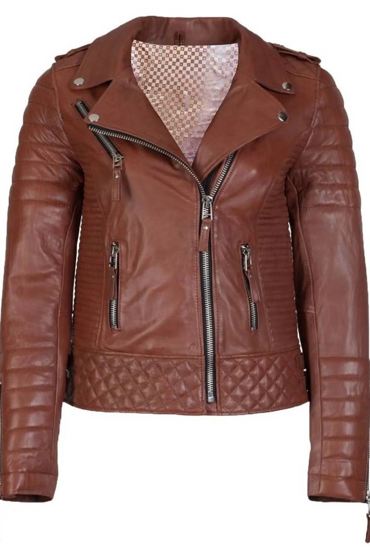 Women's cognac brown leather moto biker jacket quilted style
