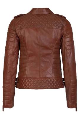 Women's cognac brown leather moto biker jacket quilted style 2
