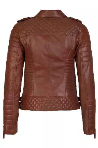 Women's cognac brown leather moto biker jacket quilted style