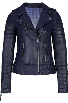 Women's navy blue genuine leather biker jacket zip front 1