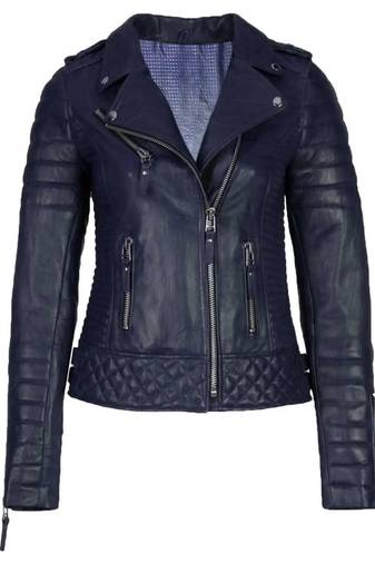 Women's navy blue genuine leather biker jacket zip front