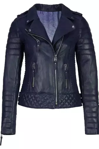 Women's navy blue genuine leather biker jacket zip front