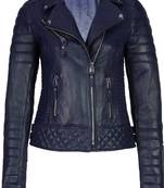 Women's navy blue genuine leather biker jacket zip front