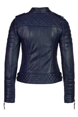 Women's navy blue genuine leather biker jacket zip front 2