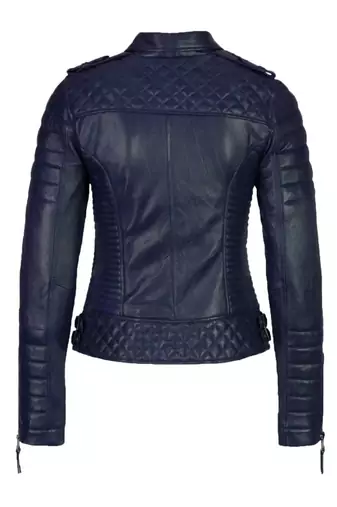 Women's navy blue genuine leather biker jacket zip front