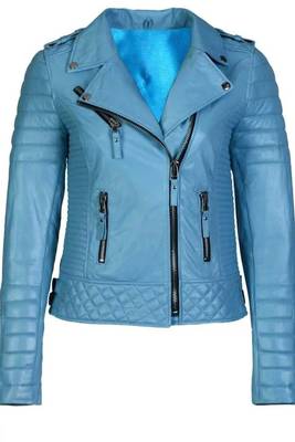 Women's sky blue lambskin leather asymmetrical moto jacket 1