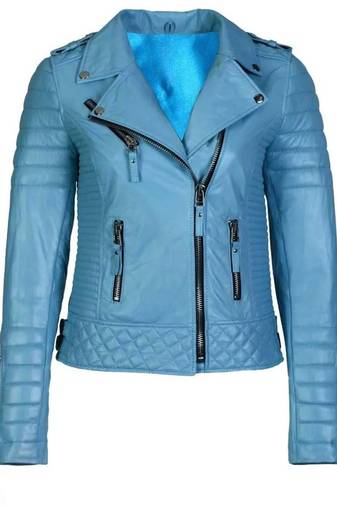 Women's sky blue lambskin leather asymmetrical moto jacket