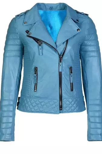 Women's sky blue lambskin leather asymmetrical moto jacket