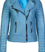 Women's sky blue lambskin leather asymmetrical moto jacket