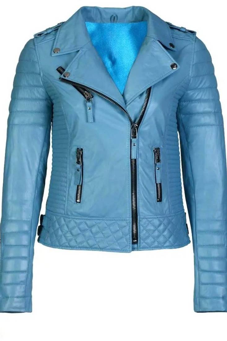 Women's sky blue lambskin leather asymmetrical moto jacket