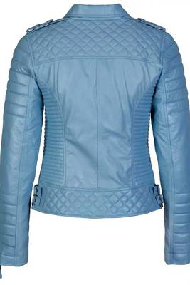 Women's sky blue lambskin leather asymmetrical moto jacket 2