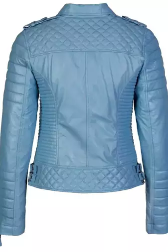 Women's sky blue lambskin leather asymmetrical moto jacket