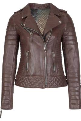 Women's dark brown genuine leather biker jacket slim fit 1