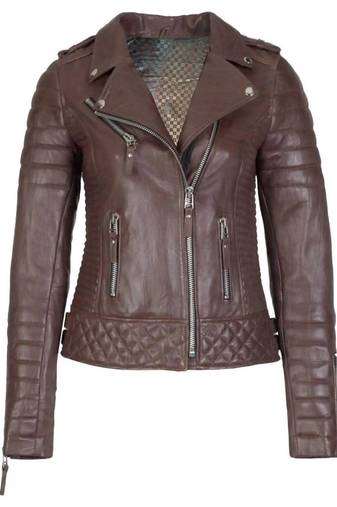 Women's dark brown genuine leather biker jacket slim fit