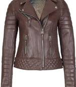 Women's dark brown genuine leather biker jacket slim fit