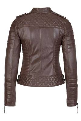 Women's dark brown genuine leather biker jacket slim fit 2