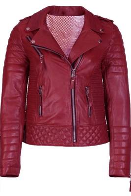 Women's dark red lambskin leather moto jacket quilted design 1
