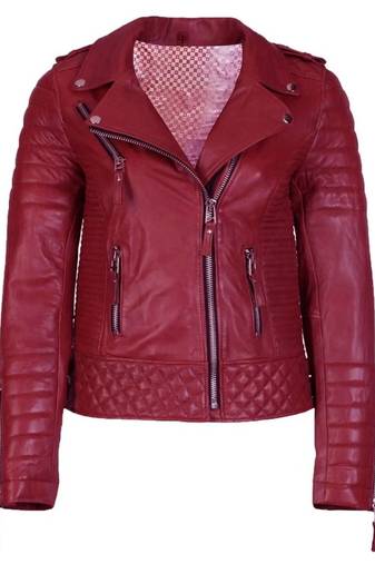 Women's dark red lambskin leather moto jacket quilted design