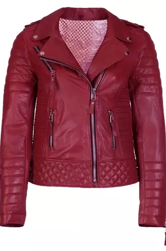 Women's dark red lambskin leather moto jacket quilted design
