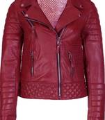 Women's dark red lambskin leather moto jacket quilted design