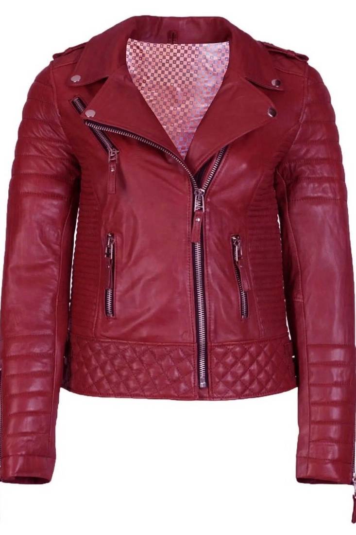 Women's dark red lambskin leather moto jacket quilted design