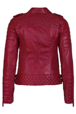 Women's dark red lambskin leather moto jacket quilted design 2