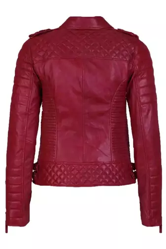 Women's dark red lambskin leather moto jacket quilted design