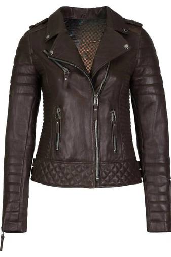 Women's espresso brown lambskin leather asymmetrical biker jacket