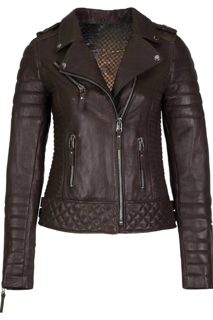 Women's espresso brown lambskin leather asymmetrical biker jacket