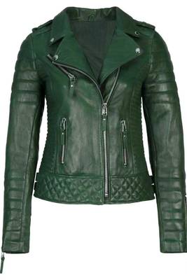 Women's dark green genuine leather moto jacket slim fit 1