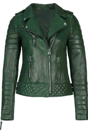 Women's dark green genuine leather moto jacket slim fit