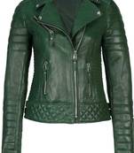 Women's dark green genuine leather moto jacket slim fit