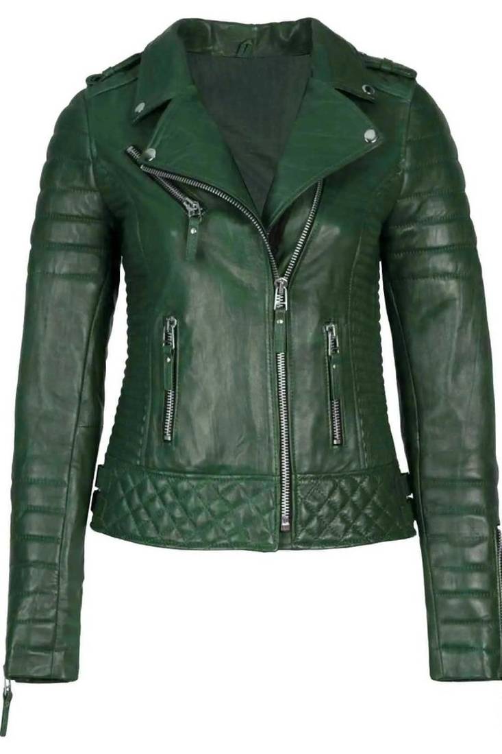 Women's dark green genuine leather moto jacket slim fit