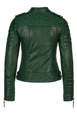 Women's dark green genuine leather moto jacket slim fit 2