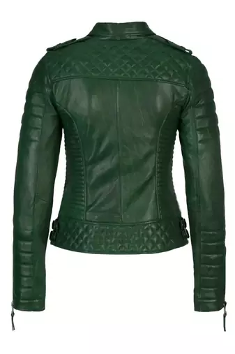 Women's dark green genuine leather moto jacket slim fit