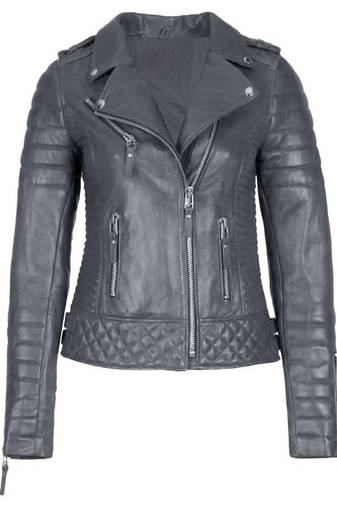 Women's grey genuine leather biker jacket asymmetrical zip
