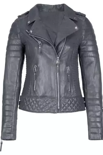 Women's grey genuine leather biker jacket asymmetrical zip
