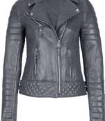 Women's grey genuine leather biker jacket asymmetrical zip