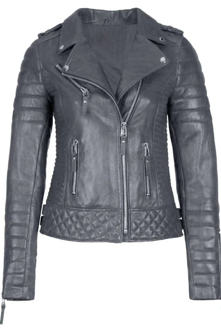 Women's grey genuine leather biker jacket asymmetrical zip